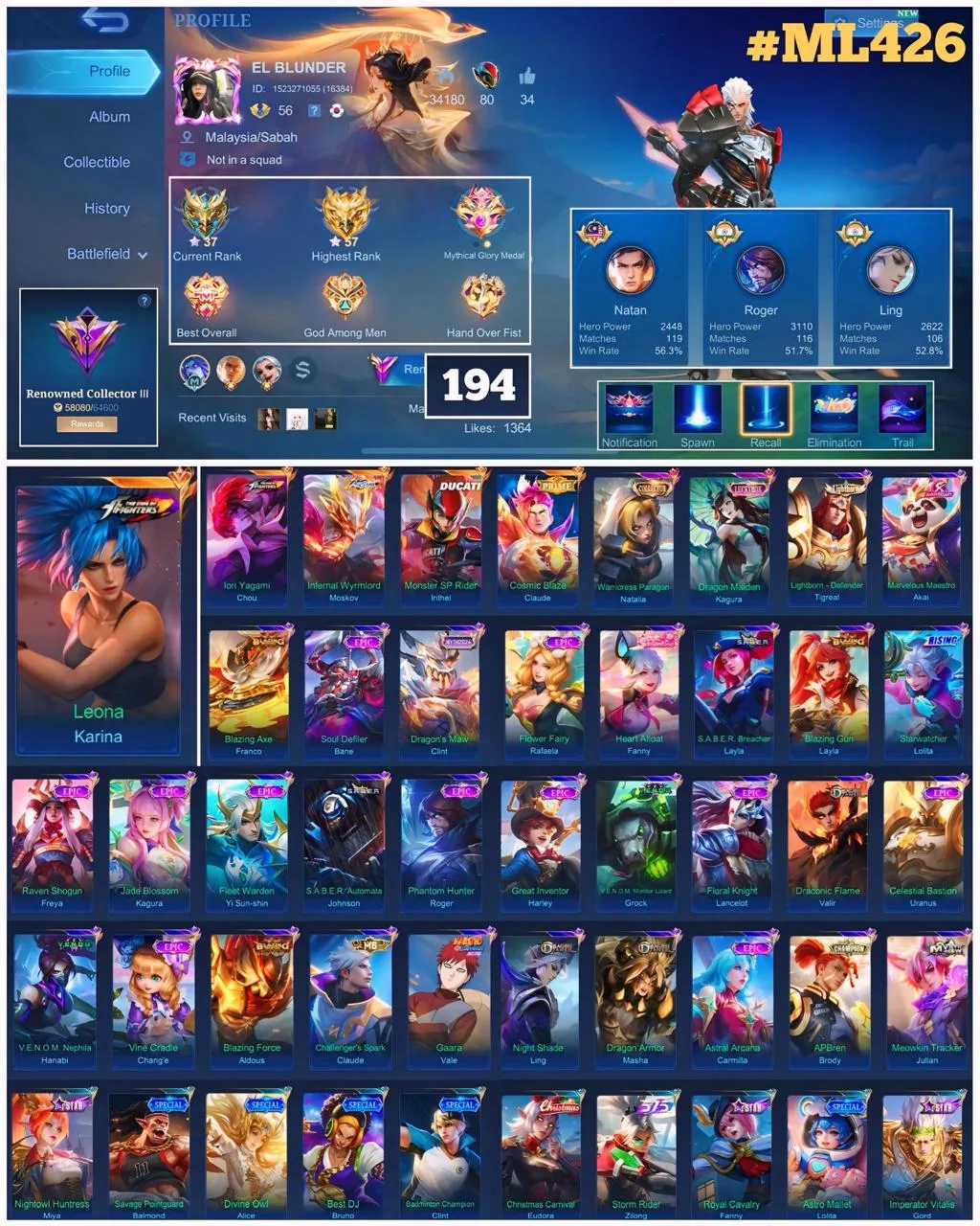 ML 426⚡Full max emblem⚡️Skins 194⚡️KoF Chou KoF Karina⚡️Allstar Moskov⚡️Ducati Irithel⚡️Prime Claude⚡️ Collector Natalia⚡️Luckybox Kagura⚡️ Lightborn Tigreal⚡️Anniversary Akai⚡️Blazing Franco⚡️11 Epic⚡️Myth Clint⚡️Rising Lolita⚡️